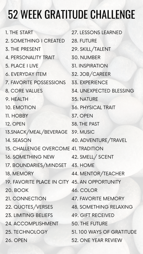 52 Week Gratitude Challenge with a prompt for each week to think about having more gratitude in our life. 